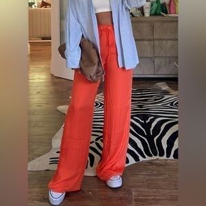 NWT Mango Wide Leg Tall Palazzo Pants Drawstring Elastic Waist in Orange Size M